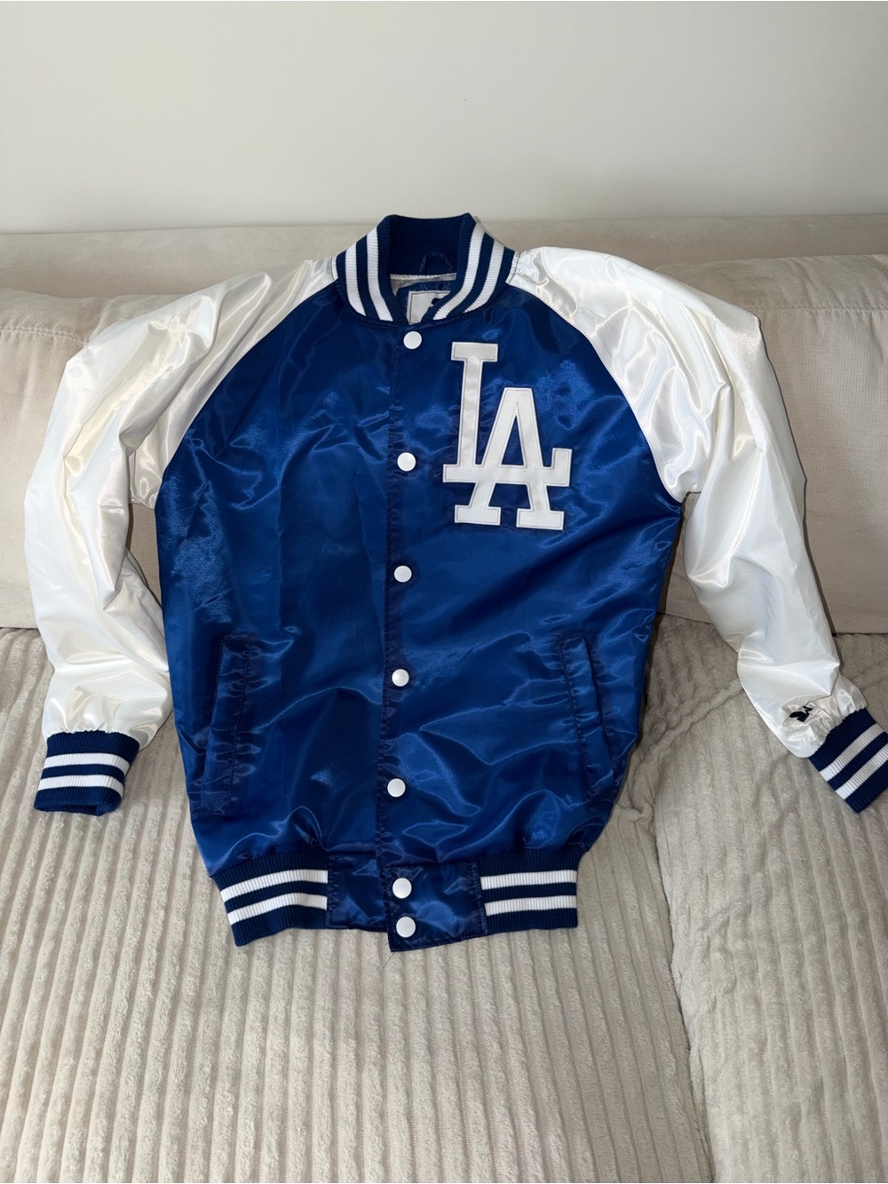 STARTER Blue and White LA Satin Varsity Jacket